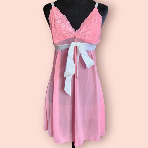 Pink Lace & Mesh Babydoll Chemise Lingerie top Size M fairy coquette romantic - Picture 1 of 5